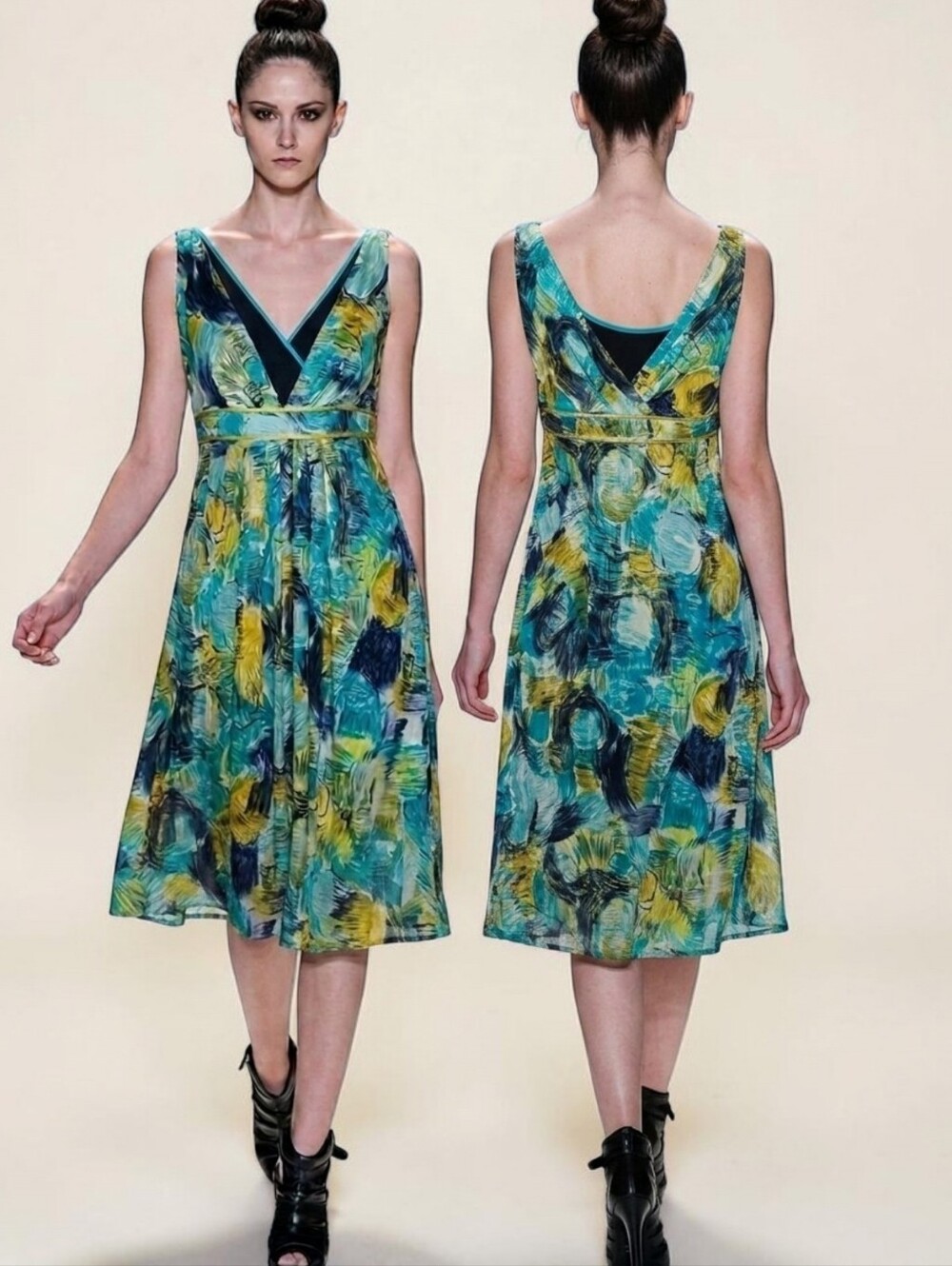 CYNTHIA STEFFE Brushstroke Print Fit & Flare Midi Dress - Size M